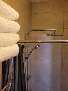a bathroom with a shower with a sink and towels at SoLeo in Dubrovnik