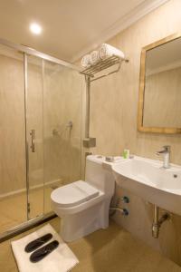 a bathroom with a toilet and a sink and a shower at Crown Valley Thekkady in Thekkady