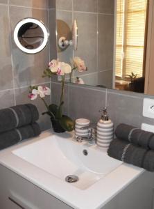 La salle de bains est pourvue d'un lavabo et d'un vase de fleurs. dans l'établissement Tourny - Studio cosy Centre médiéval Sarlat, à Sarlat-la-Canéda