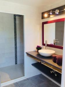 a bathroom with a sink and a mirror and a shower at Un Matin D’été in Lacanau-Océan +23 photos