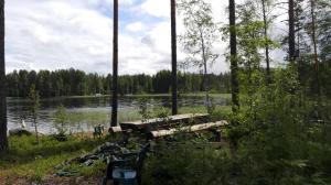 プンカハルユにあるVilla Paradise at Puruvesi Saimaaの木立湖前のベンチ