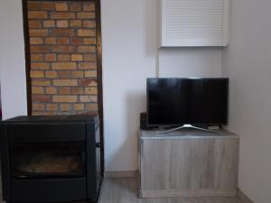 a flat screen tv sitting on a wooden stand next to a fireplace at Ferienhaus am Langen See II in Heidesee