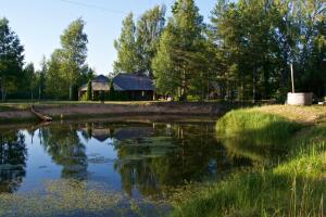 un petit étang avec une maison en arrière-plan dans l'établissement Vango Holiday Village, à Laiksaare