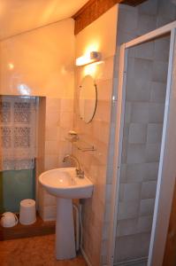 La salle de bains est pourvue d'un lavabo et d'une douche. dans l'établissement Saint Paul des Fonts, à Saint-Paul-des-Fonts