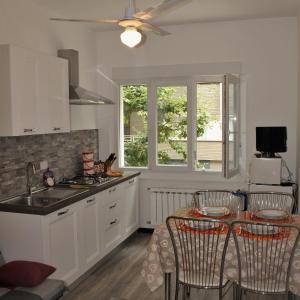 得利雅斯特的住宿－Casa vacanza Luisa，厨房配有桌椅和水槽。