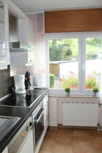 a kitchen with a sink and a window in it at Ferienhaus im Nürburgring in Herschbroich