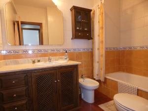Un baño con lavabo, inodoro y espejo. en Casa El Paseo, en Arriate 23 fotos más