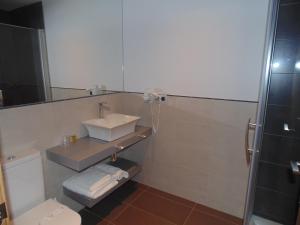 uma casa de banho com um lavatório, um WC e um chuveiro em Hotel Ribera de Langa em Langa de Duero