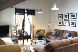 a living room with two couches and a tv at Alston Art Apartments in Alston