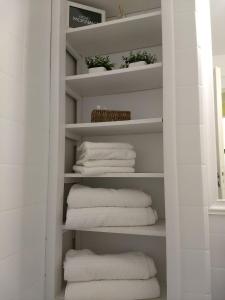 un armario con toallas blancas y plantas en los estantes en Habitania Bahia - Cochera opcional en Bahía Blanca