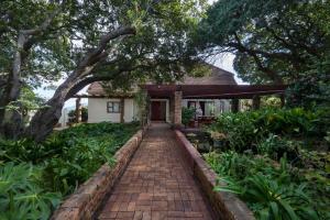 a brick walkway leading to a house with a tree at Milkwood Lodge in Hermanus