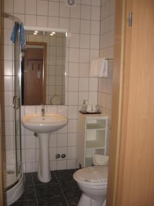 a bathroom with a sink and a toilet at Hotel Thelena in Tolna