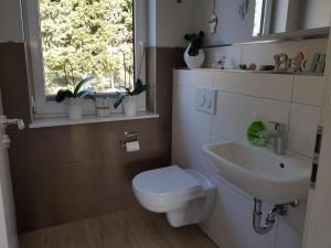 a bathroom with a toilet and a sink and a window at Ferienwohnung Pia in Ostseebad Sellin +13 photos