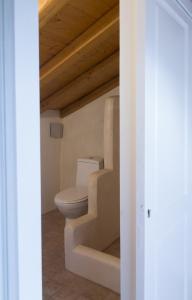 a bathroom with a toilet and a wooden ceiling at Anapama in Fiskardho