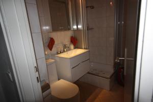 ein Badezimmer mit Toilette, Waschbecken und Dusche in der Unterkunft Ferienwohnung Wattkieker in Husum