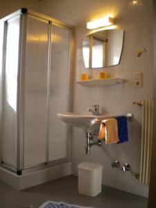 a bathroom with a shower and a sink at Gasthof Mittermühl in Funes