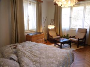 um quarto com uma cama, 2 cadeiras e um lustre em Hradiska em Jablonné nad Orlicí