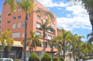 un edificio alto de naranjos con palmeras delante en Hostal La Palmera, en Torremolinos