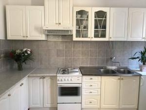 a kitchen with white cabinets and a stove and a sink at Villa Arancia in Dubrovnik