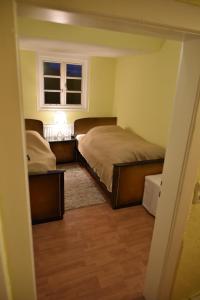 a bedroom with two beds and a window at Ferienwohnung Domäne Süpplingenburg in Süpplingenburg