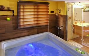 bagno con ampia vasca e doccia di The Rose Trail a Kefar Weradim