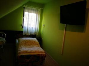 a green room with a bed and a window at Páterdombi Vendégház in Zalaegerszeg