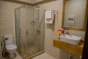 a bathroom with a shower and a toilet and a sink at Platinium Residence Mangalia in Mangalia