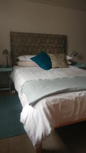 a bed with a blue pillow on top of it at Albany Twelve in Cape Town