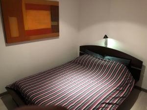 een bed met een gestreept dekbed in een slaapkamer bij Lulu Philippe in Saint-Étienne