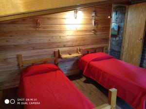 Dos camas en una habitación con paredes de madera. en Tierra Ventana - Casas de Montaña, en Sierra de la Ventana