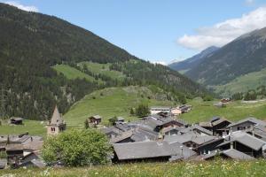 un pueblo en un valle con una montaña verde en L'ancienne Poste - Maison Napoléon en Bourg-Saint-Pierre