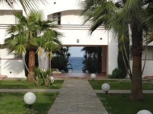 un edificio con palmeras frente al océano en Vue sur mer et montagnes, en Moriani Plage