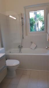 a bathroom with a tub and a toilet and a window at Villa Violetta - Bellavista in Castagnola