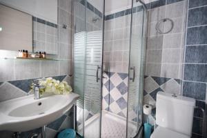 a bathroom with a sink and a shower and a toilet at Alexandros in Lefkada
