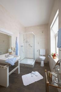 a bathroom with a shower and a sink and a toilet at HotelHaus Ritter in Bad Pyrmont