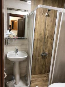 a bathroom with a sink and a shower with a mirror at Gulistan Hotel in Zara