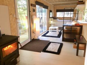 a living room with a fireplace in a tiny house at Relax Container in Aguiar da Beira