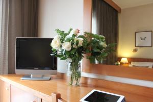 un jarrón de flores sobre una mesa con TV en Achillion Hotel, en Atenas
