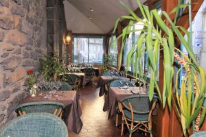 un restaurante con mesas, sillas y una planta en Logis L'Ecu De France, en Mauriac