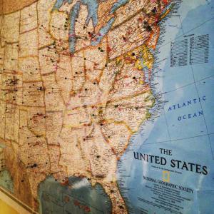 a map of the united states on a wall at The Wanderlust Hostel in Gunnison