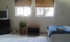sypialnia z łóżkiem, telewizorem i oknami w obiekcie lindo apartamento w mieście Gwatemala