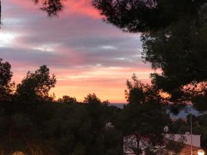 a sunset over the ocean with trees in the foreground at Cala Azul 304-306 Tamarit in Tamarit