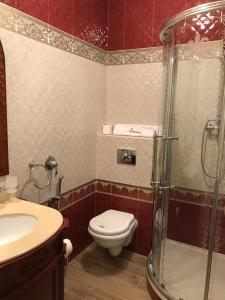 a bathroom with a toilet and a shower and a sink at Hotel Saint Petersburg in Karlovy Vary