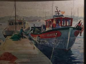 a painting of a boat docked at a dock at Hôtel Le Porquerollais in Porquerolles