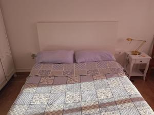a bed with two pillows and a table with a lamp at Apartamento Sofia in Valencia