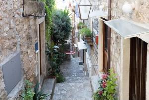 an alleyway with plants and flowers in an old building at Apartment Blaise-Old Town in Dubrovnik