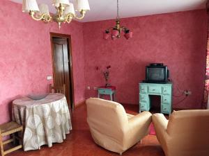 ロンダにあるApartamento Molino Rondaのピンクの壁のリビングルーム(椅子、テレビ付)