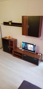a living room with a flat screen tv on a entertainment center at Family Aparthotel Vintegra in Burgas