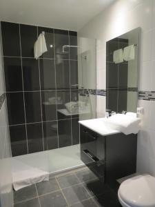 a bathroom with a shower and a sink and a toilet at Hotel Côte d'Opale in Étaples
