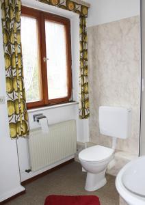 ein Bad mit einem WC, einem Waschbecken und einem Fenster in der Unterkunft Green Corner Nürburg in Nürburg